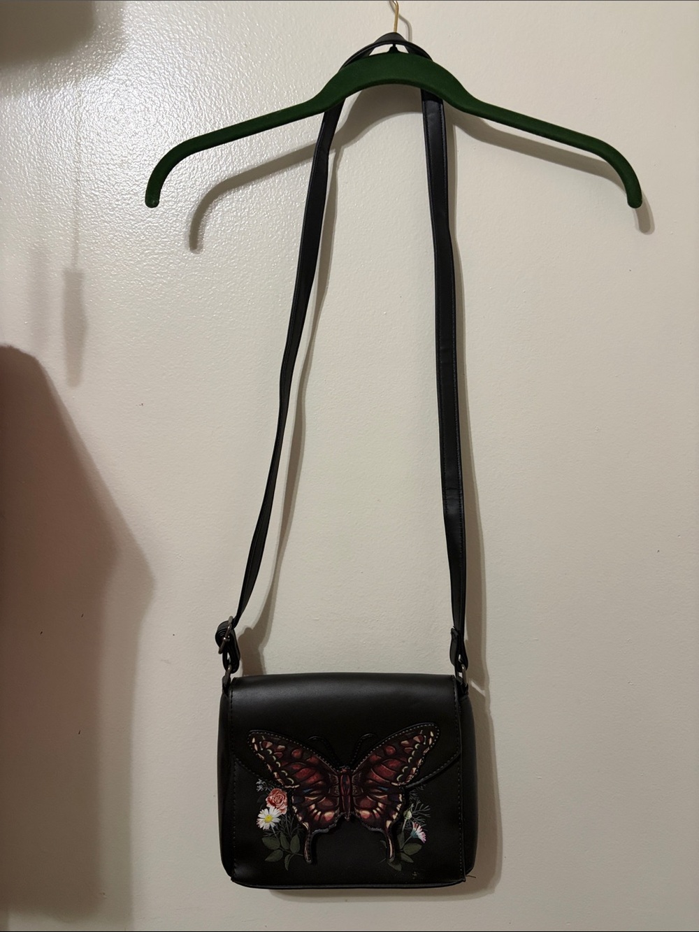 Hot Topic Black Crossbody Bag with Embroidered Butterfly